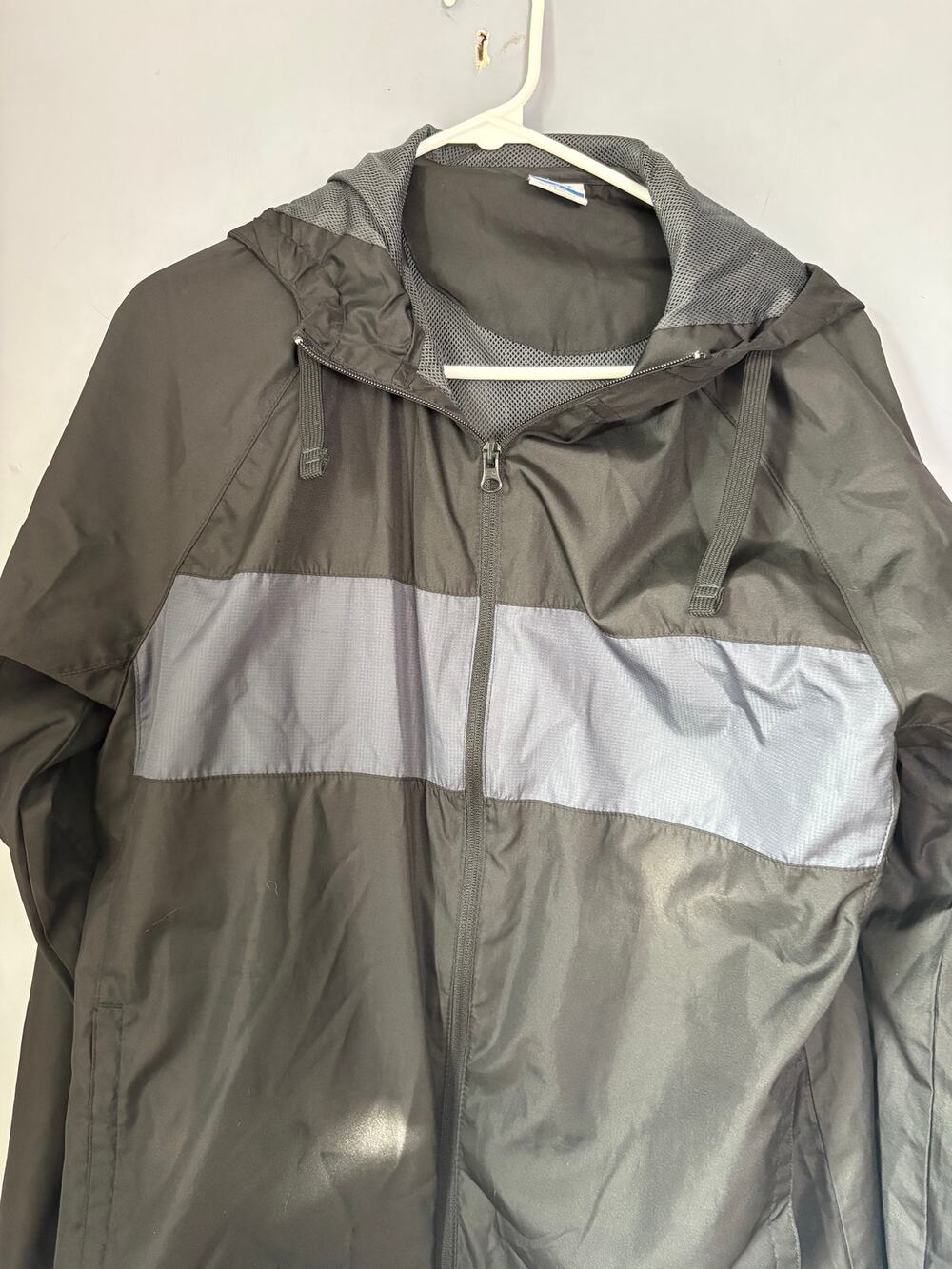 Starter Mens M Black Gray Hooded Windbreaker Reflective Stripe